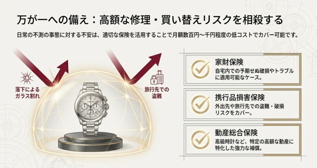 画像タイトル: 高額な修理・買い替えリスクをカバーする保険

代替テキスト: 落下によるガラス割れや旅行先での盗難といったリスクに対し、家財保険、携行品損害保険、動産総合保険で備えるイメージ図