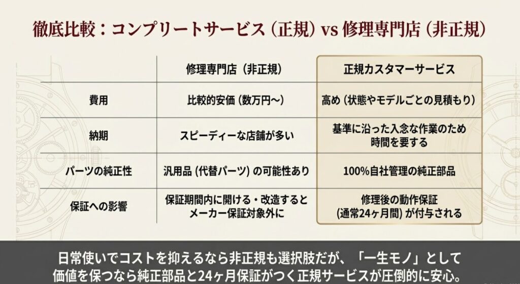 画像タイトル: 正規サービスと非正規修理専門店の徹底比較


代替テキスト: コンプリートサービス（正規）と修理専門店（非正規）における、費用、納期、パーツの純正性、保証への影響を比較した表