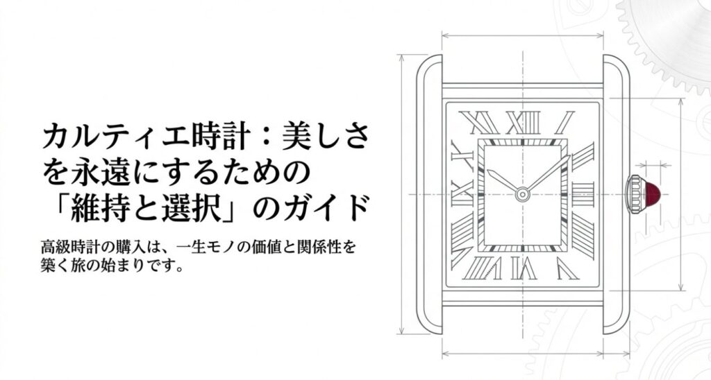 画像タイトル: カルティエ時計の「維持と選択」のガイド

代替テキスト: 時計の設計図を背景にした「カルティエ時計:美しさを永遠にするための「維持と選択」のガイド」というタイトル画像