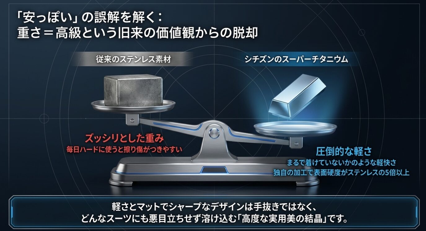 画像タイトル: 軽さと実用性を極めたチタン素材の魅力 代替テキスト: ステンレスの5倍以上の表面硬度を持ち、圧倒的な軽さを実現するチタン素材の実用性とメリット