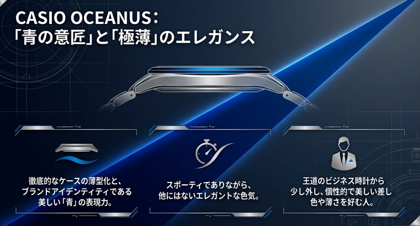 画像タイトル: カシオオシアナスのエレガントなデザイン 代替テキスト: 極薄ケースと美しい青の表現力が特徴のカシオオシアナス