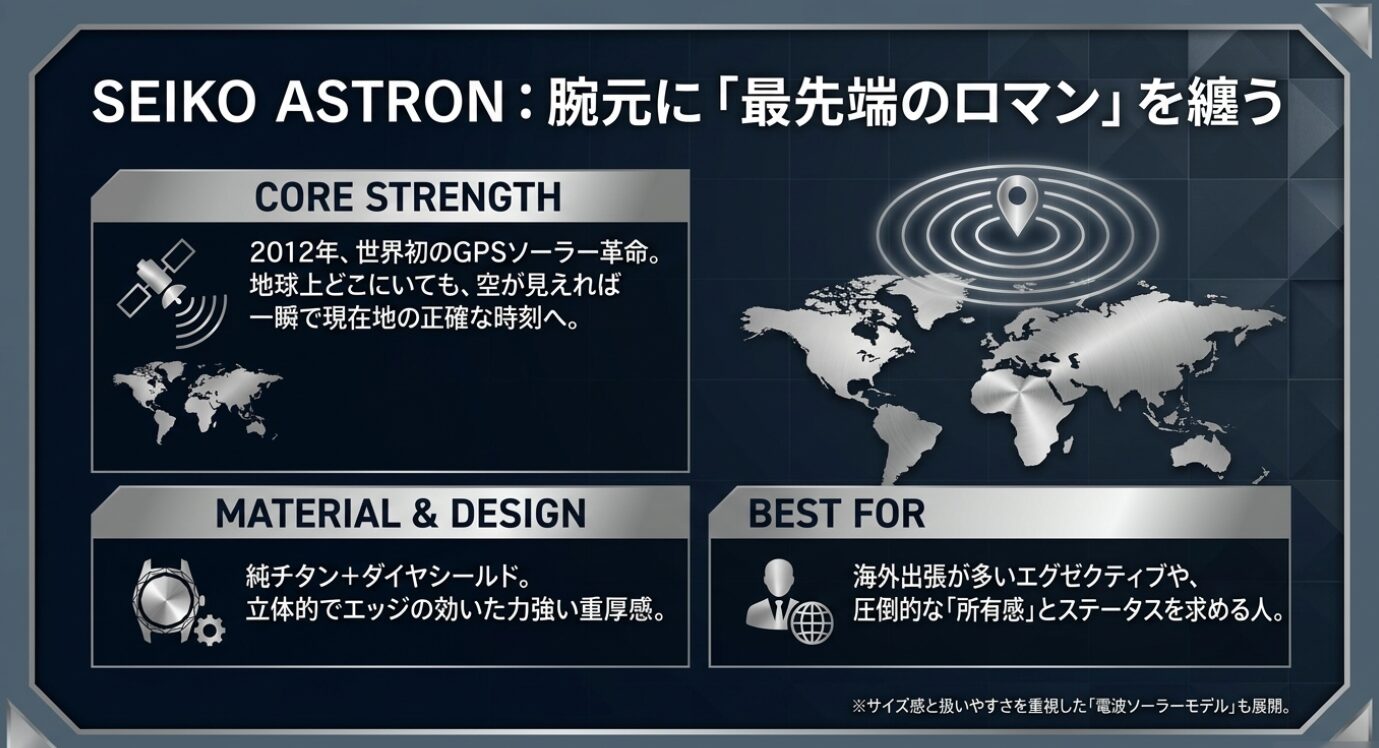 画像タイトル: セイコーアストロンの特徴 代替テキスト: 地球上のどこでも正確な時刻を取得できるセイコーアストロンのGPSソーラー機能