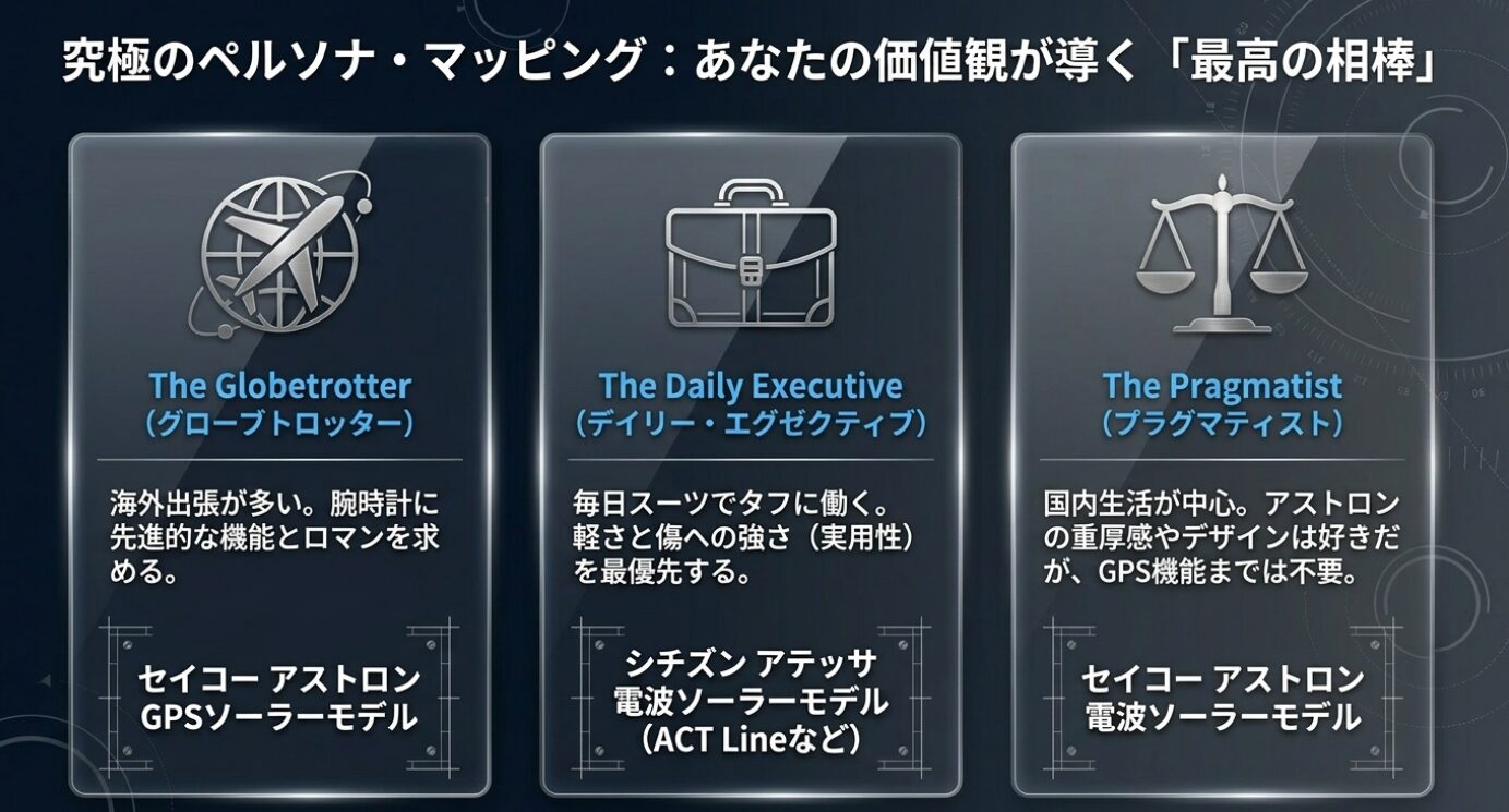 画像タイトル: ライフスタイルと価値観が導く時計選び 代替テキスト: 海外出張重視、毎日スーツでの実用性重視、国内生活中心などペルソナ別の最適な時計のマッピング