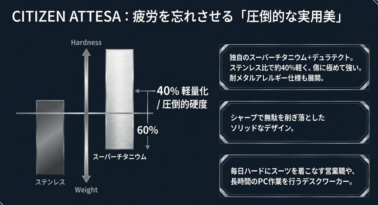 画像タイトル: シチズンアテッサのスーパーチタニウム 代替テキスト: ステンレス比で約40%軽く圧倒的硬度を持つシチズンアテッサの素材特性