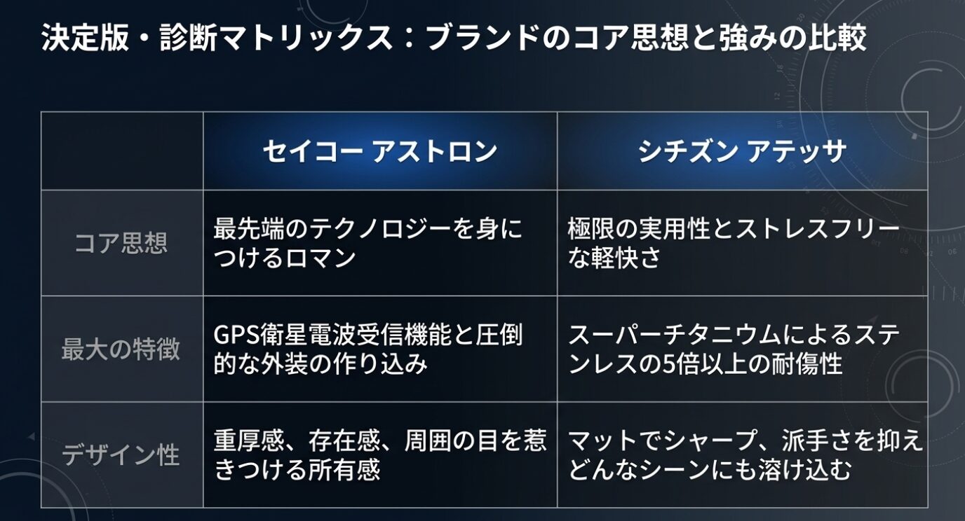 画像タイトル: ブランドのコア思想と強みの比較マトリックス 代替テキスト: 最先端テクノロジーの重厚感と極限の実用性の軽快さを比較するブランド別の診断マトリックス表