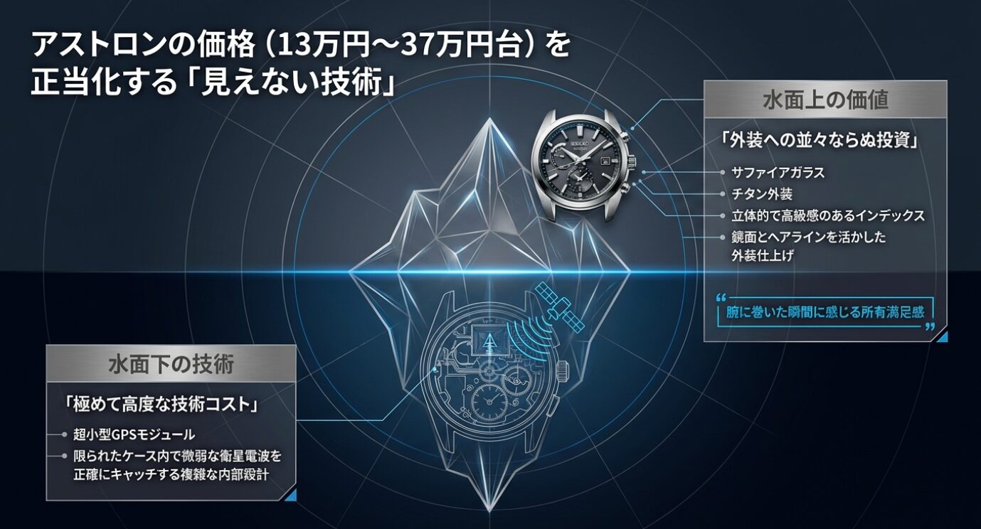 画像タイトル: 時計の価格を正当化する見えない技術 代替テキスト: 超小型GPSモジュールやチタン外装など、高級時計の価格を正当化する複雑な内部設計と外装への投資