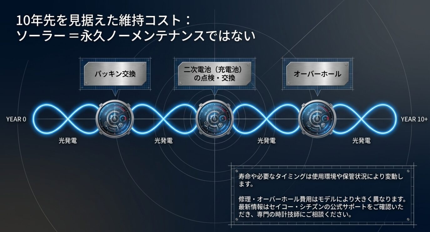 画像タイトル: ソーラー時計の10年先を見据えた維持コスト 代替テキスト: パッキン交換や二次電池の点検・交換、オーバーホールなどソーラー時計に必要な長期的なメンテナンスサイクル