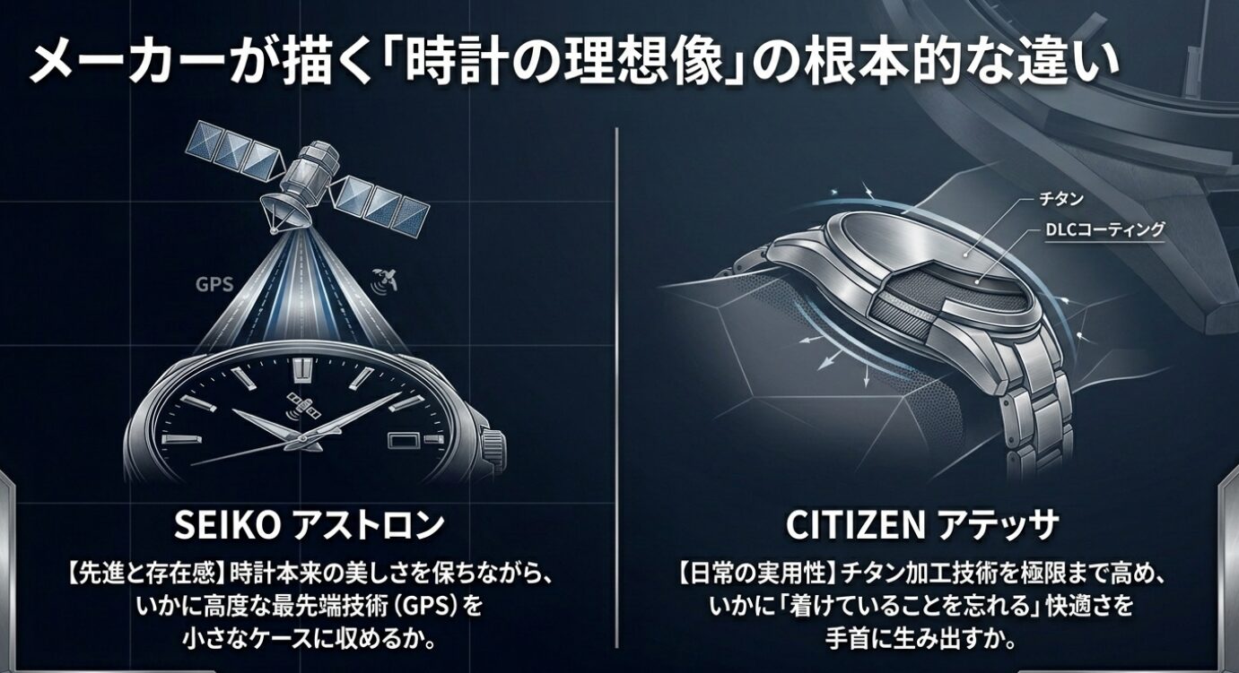 画像タイトル: 時計ブランドの設計思想の違い 代替テキスト: セイコーアストロンのGPS技術とシチズンアテッサのチタン加工技術の違い
