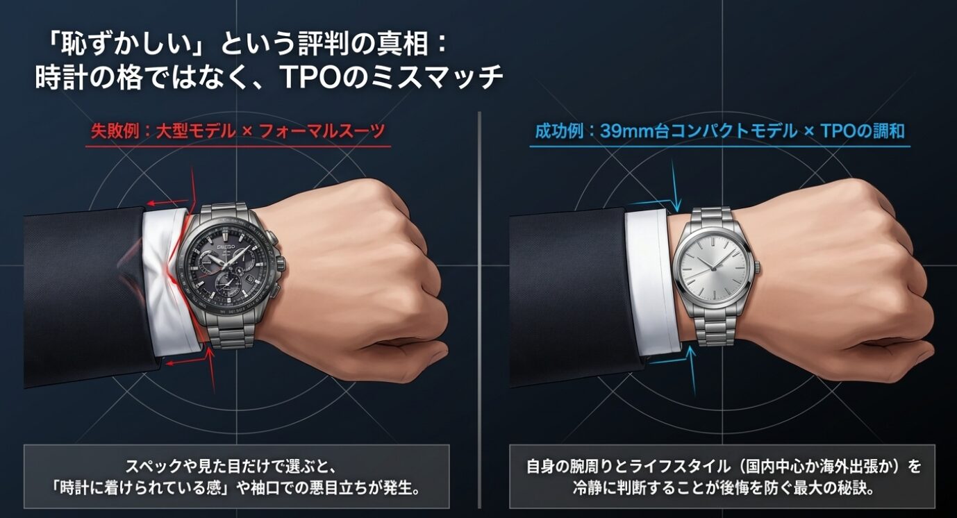 画像タイトル: 時計選びにおけるTPOとサイズ感の重要性 代替テキスト: 大型モデルとフォーマルスーツの失敗例、およびコンパクトモデルの成功例から学ぶTPOの調和