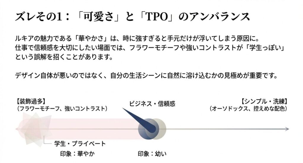 画像タイトル: 可愛さとTPOのアンバランス
代替テキスト: 可愛さとTPOのアンバランスを説明し、装飾過多なデザインと洗練されたデザインの印象の違いを比較したスライド