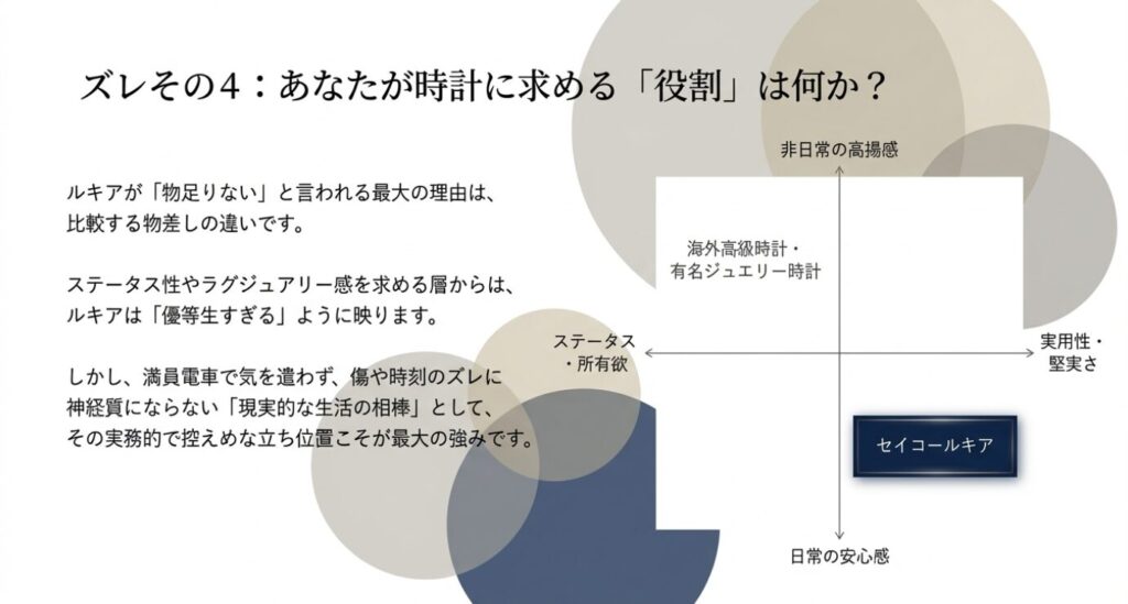 画像タイトル: 時計に求める役割の違い
代替テキスト: 時計に求める役割として、非日常の高揚感（ステータス）と日常の安心感（実用性）の比較を図解したスライド