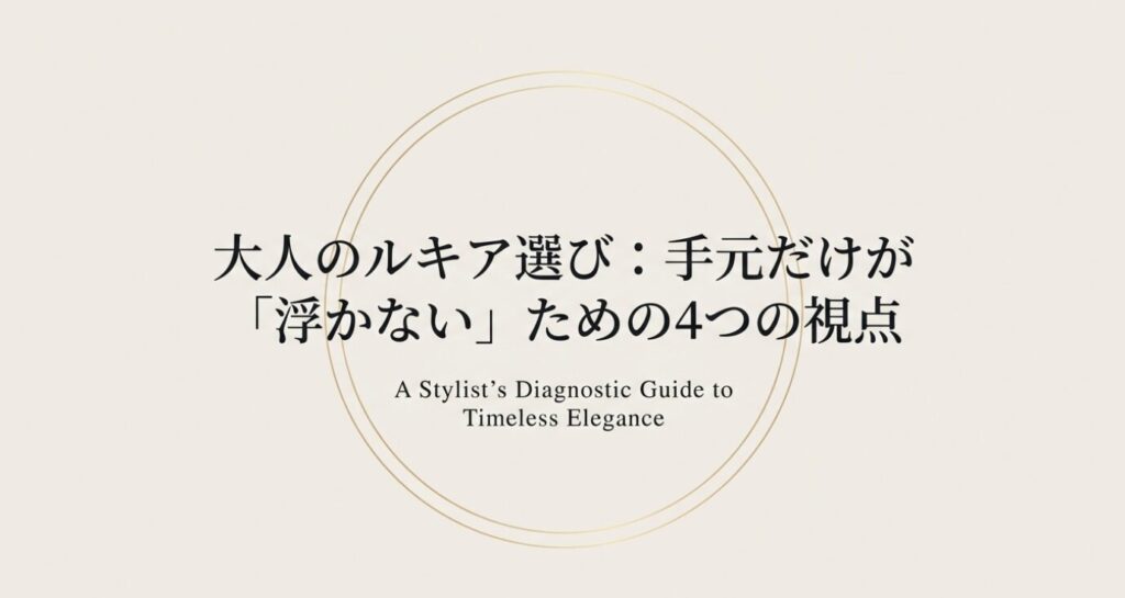 画像タイトル: 手元が浮かない大人の時計選び
代替テキスト: 大人のルキア選び：手元だけが浮かないための4つの視点と書かれたタイトルスライド