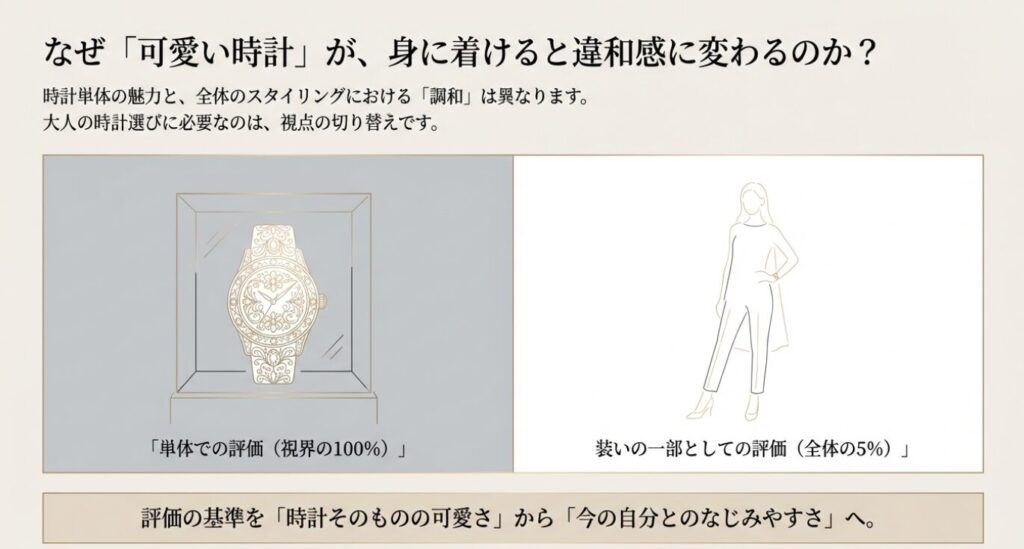 画像タイトル: 時計単体の可愛さと全体調和の違い
代替テキスト: 時計単体の評価から、装いの一部としてのなじみやすさへ視点を切り替えることを解説したイラスト