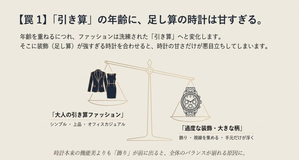 画像タイトル: 引き算ファッションと装飾のバランス
代替テキスト: 大人の引き算ファッションに対して、過度な装飾や大きな柄の時計が手元で悪目立ちする罠を図解した天秤のイラスト