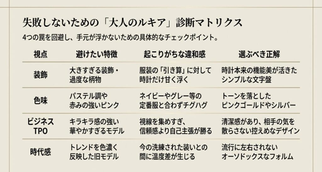 画像タイトル: 大人の時計診断マトリクス
代替テキスト: 装飾、色味、ビジネスTPO、時代感の4つの視点から、避けたい特徴と選ぶべき正解をまとめた診断マトリクス表