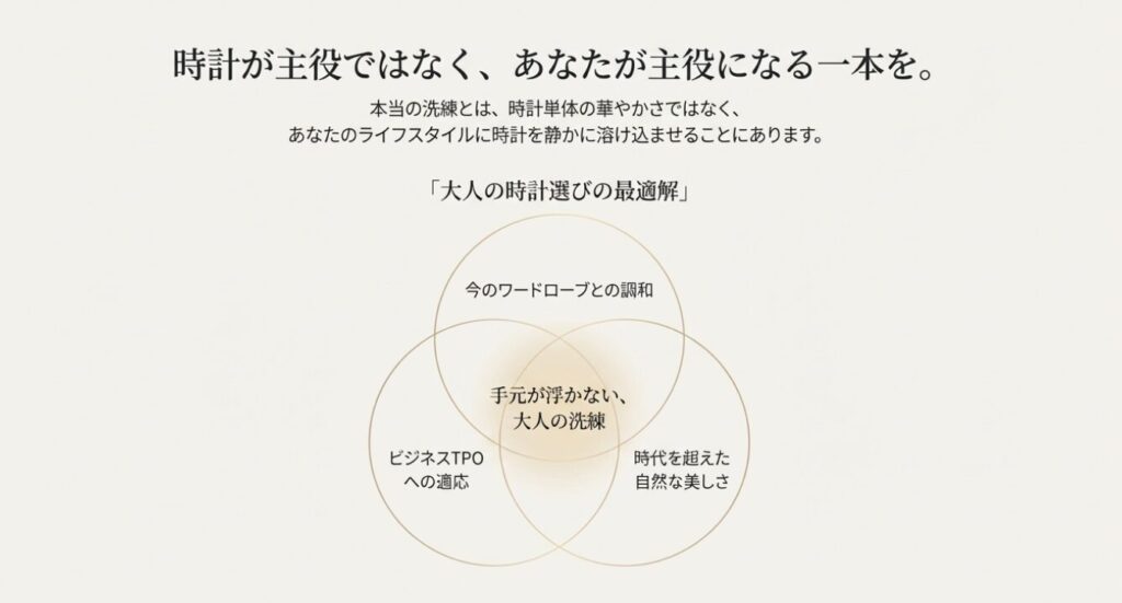画像タイトル: 大人の時計選びの最適解
代替テキスト: 今のワードローブとの調和、ビジネスTPOへの適応、時代を超えた自然な美しさの3つが重なる「手元が浮かない、大人の洗練」を示したベン図