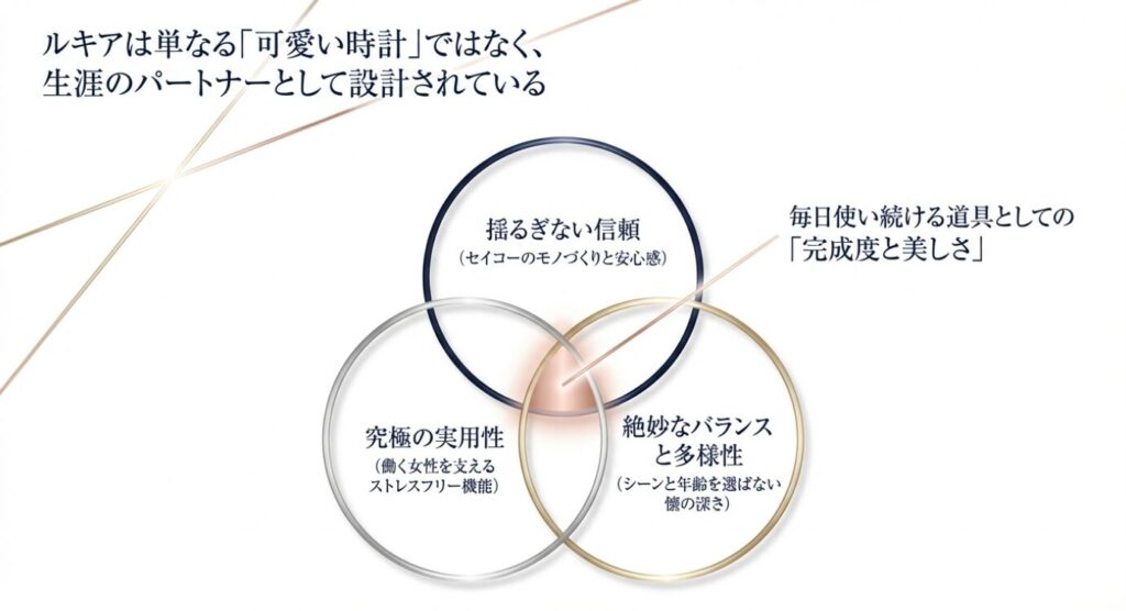 画像タイトル: 生涯のパートナーとしてのルキア
代替テキスト: ルキアが生涯のパートナーとして設計されている理由を、信頼、実用性、バランスの3つの円で示した図解