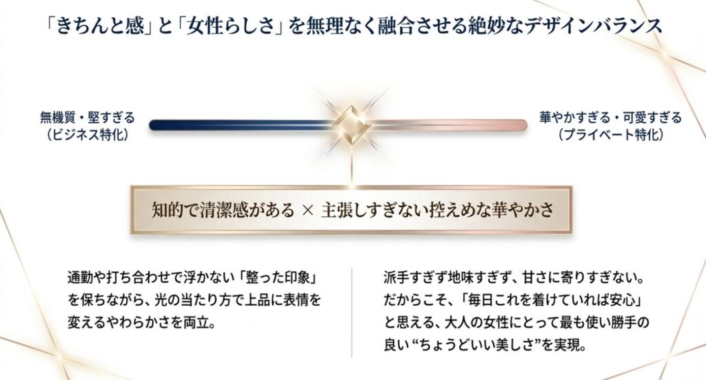 画像タイトル: きちんと感と女性らしさの絶妙なバランス
代替テキスト: 無機質すぎず華やかすぎない、知的で清潔感がありながら主張しすぎないルキアの絶妙なデザインバランスを図解したスライド