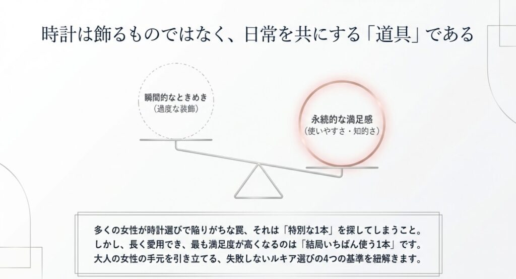 画像タイトル: 日常を共にする道具としての時計
代替テキスト: 時計は飾るものではなく、日常を共にする道具であること、特別な1本よりもいちばん使う1本を選ぶ重要性を説いたスライド
