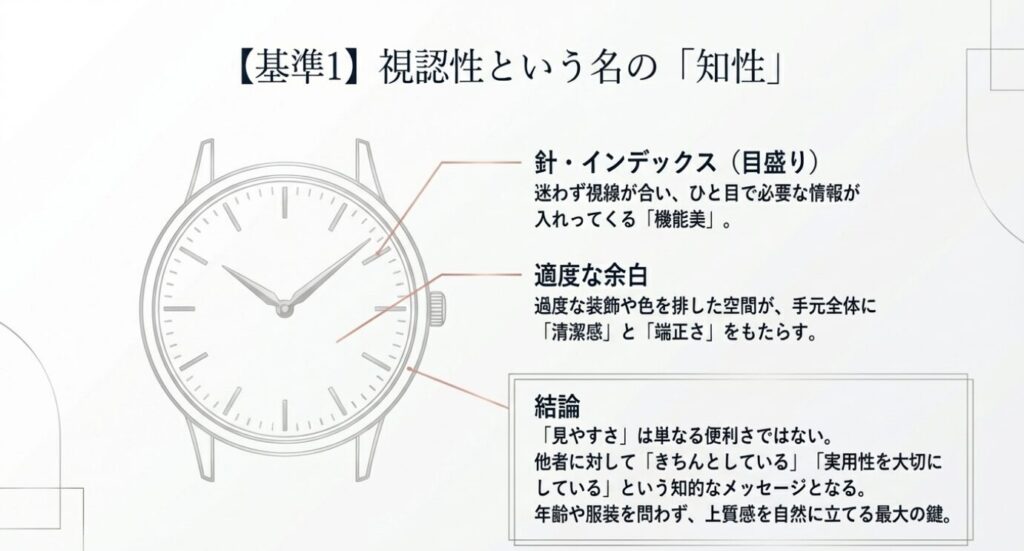 画像タイトル: 視認性という名の知性
代替テキスト: 時計の見やすさは機能美であり、きちんとしているという知的なメッセージになることを解説したスライド