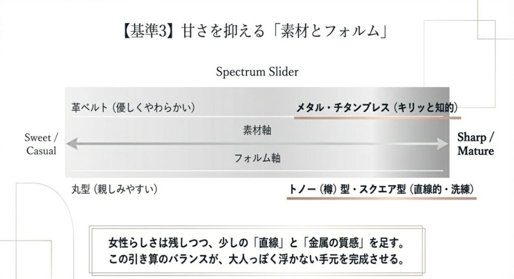 画像タイトル: 甘さを抑える素材とフォルム
代替テキスト: メタルブレスや直線的なフォルム（トノー型やスクエア型）が、時計の甘さを抑え大人っぽく引き締めることを図解したスライド