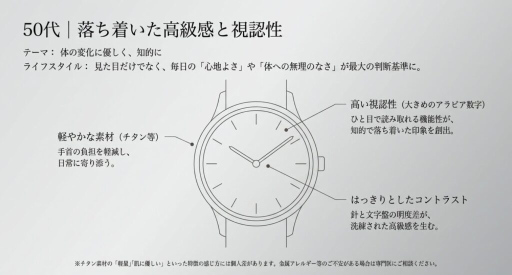 画像タイトル: 50代の高級感と視認性
代替テキスト: 50代に向けた、高い視認性と軽やかな素材で体への心地よさを重視する時計選びを解説したスライド