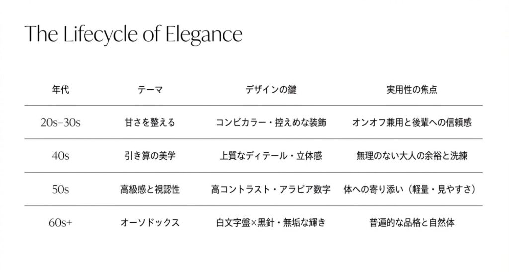 画像タイトル: 年代別エレガンスの変遷
代替テキスト: 20代から60代以上までの各年代におけるテーマ、デザインの鍵、実用性の焦点をまとめた一覧表スライド