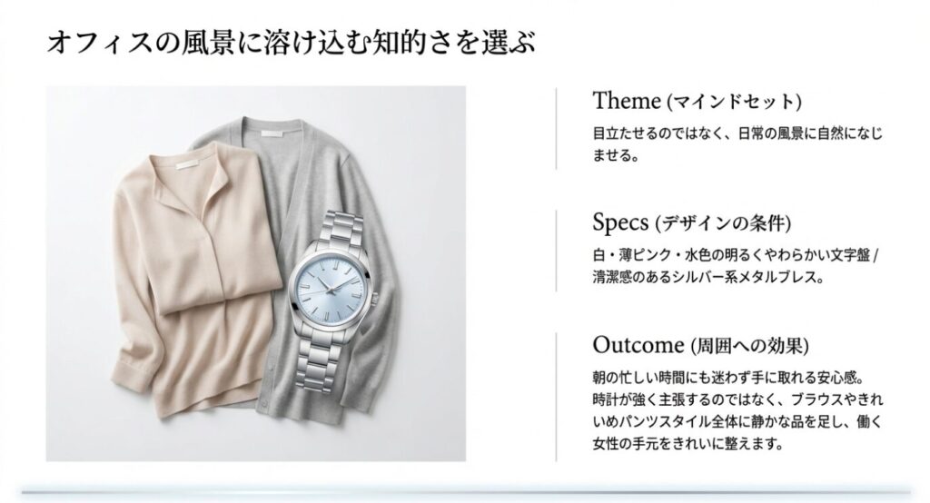 画像タイトル: オフィスに溶け込む知的さ
代替テキスト: オフィスカジュアルになじむ、明るい文字盤とシルバー系メタルブレスの時計を提案するスライド