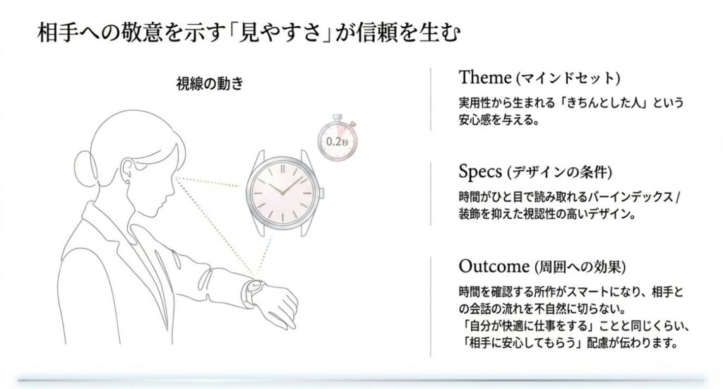 画像タイトル: 視認性が生む信頼感
代替テキスト: 営業や接客シーンにおいて、時間がひと目で読み取れる視認性の高いデザインが相手への敬意と信頼を生むことを解説したスライド