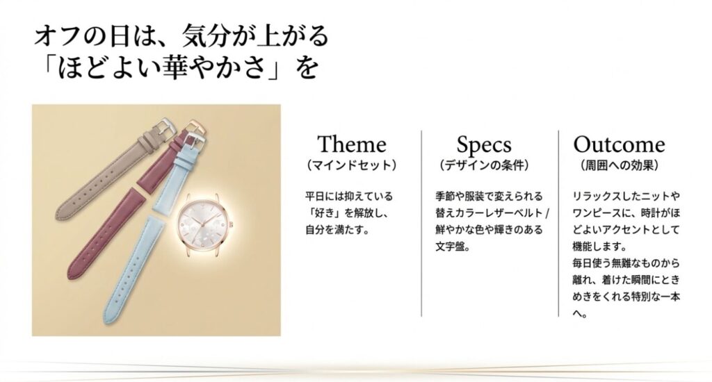 画像タイトル: オフの日の華やかさ
代替テキスト: 休日は替えカラーレザーベルトや鮮やかな文字盤で、気分が上がるほどよい華やかさを取り入れることを提案するスライド