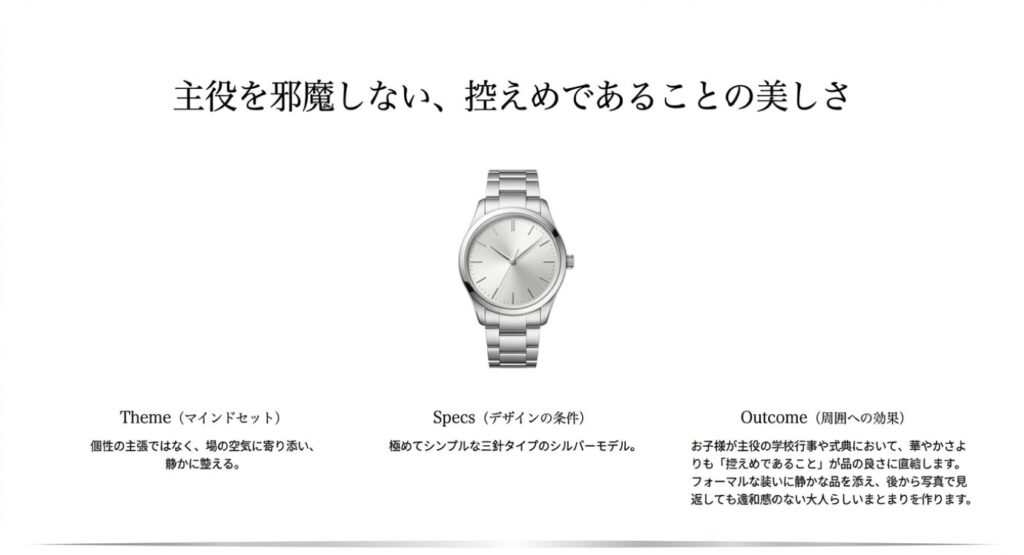 画像タイトル: 控えめであることの美しさ
代替テキスト: 学校行事や式典において、主役を邪魔しない極めてシンプルな三針タイプのシルバーモデルの美しさを解説したスライド
