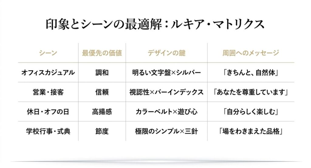 画像タイトル: シーン別最適解マトリクス
代替テキスト: オフィスカジュアル、営業・接客、休日、学校行事の4つのシーンにおける最適な時計のデザインと周囲へのメッセージをまとめた一覧表