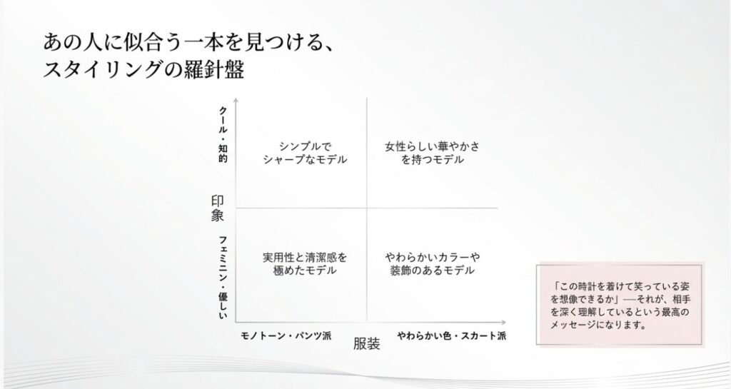 画像タイトル: スタイリングの羅針盤
代替テキスト: 相手の服装（パンツ派かスカート派か）と印象（知的かフェミニンか）から似合う時計を見つけるためのマトリクス図