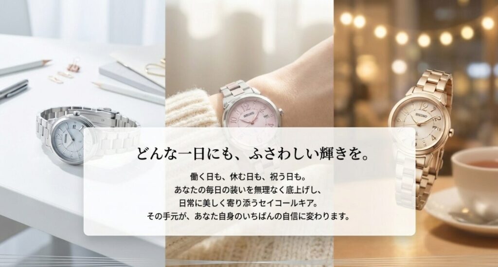 画像タイトル: 毎日にふさわしい輝きを
代替テキスト: 働く日も休む日も、日常に美しく寄り添い自信に変わるという結びのメッセージが書かれたスライド