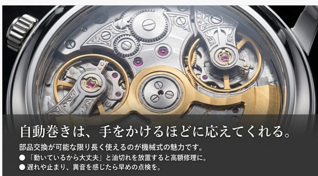画像タイトル: 自動巻きは手をかけるほど長く使える
代替テキスト: 自動巻き時計は部品交換やオーバーホールを前提に、異常を早めに点検することで長く使いやすいことを説明したスライド