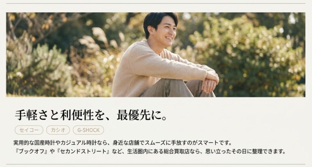 画像タイトル: 国産時計やカジュアル時計は手軽さも重視
代替テキスト: 国産時計やカジュアル時計は身近な店舗で手軽に売る選択肢もあることを示す画像
