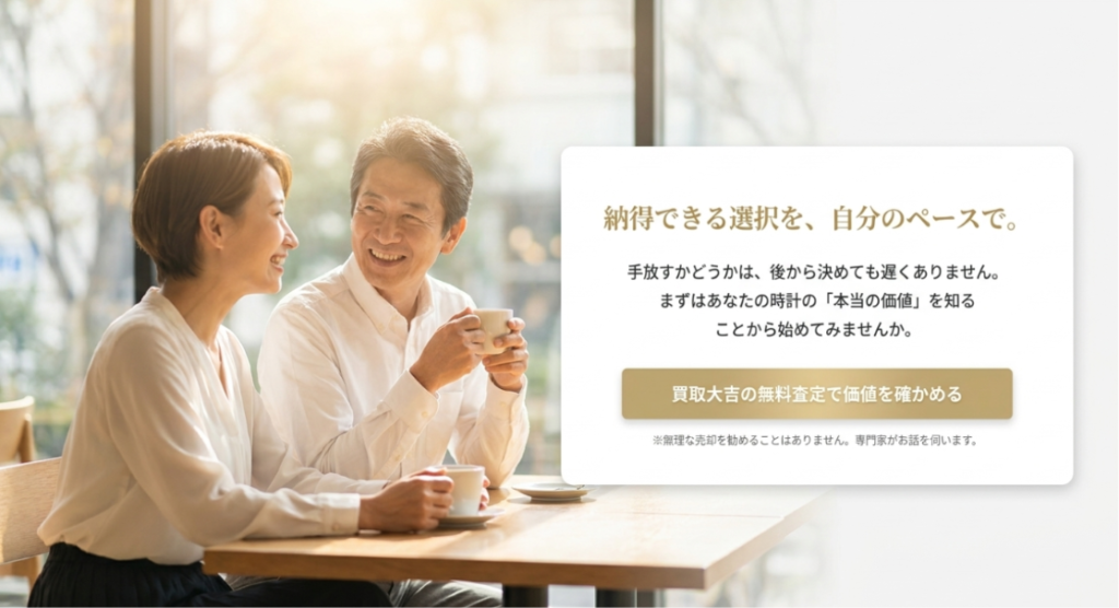画像タイトル: 納得できる腕時計売却を自分のペースで選ぶ
代替テキスト: 腕時計を売るかどうかは後から決めてもよく、まず価値を確認することを促す締めの画像