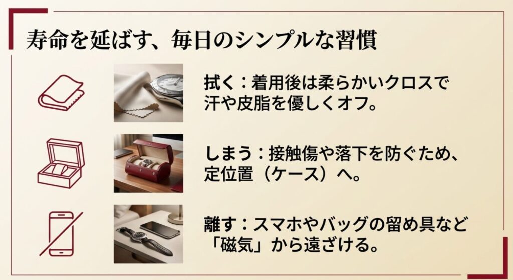画像タイトル: 時計寿命を延ばす毎日のシンプルな習慣
代替テキスト: 着用後に柔らかいクロスで拭く、ケースにしまう、磁気から離すという日常ケアをまとめたスライド