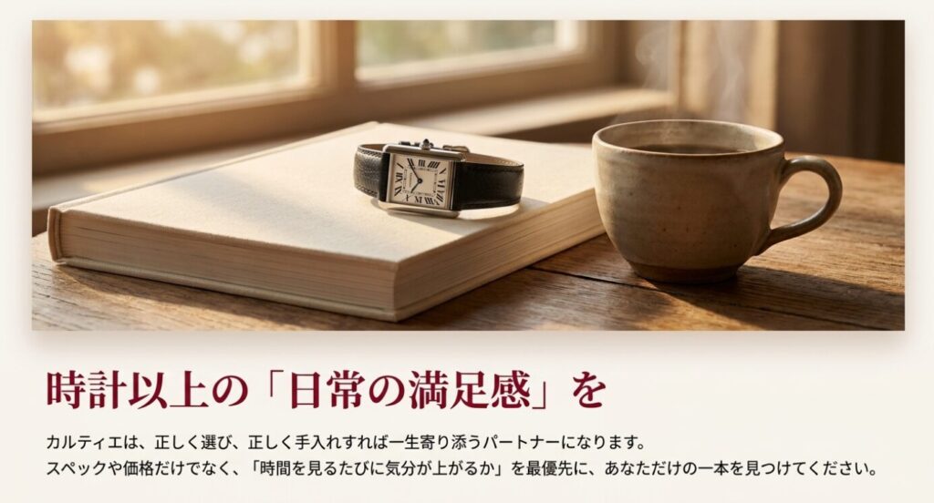 画像タイトル: カルティエ時計がもたらす日常の満足感
代替テキスト: 正しく選び手入れを続けることで、カルティエ時計が時間を確認する道具以上の日常の満足感を与えることを表した締めのスライド