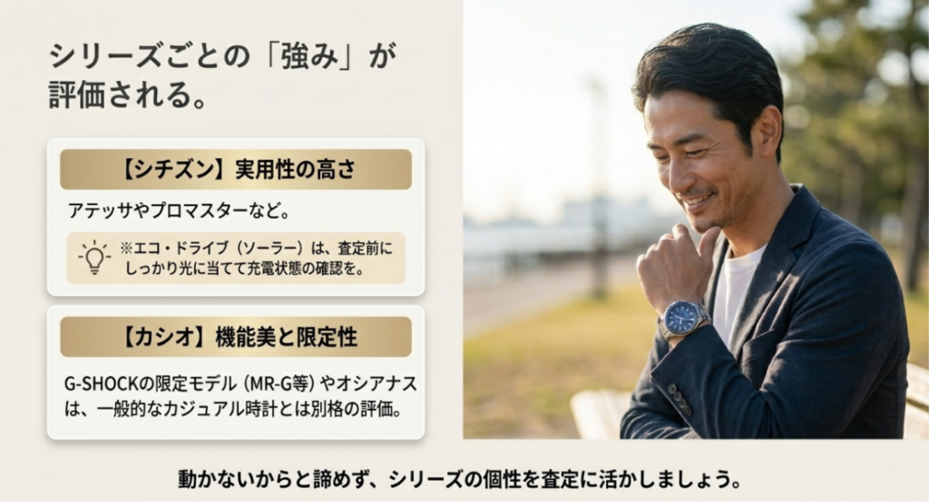 画像タイトル: 国産腕時計はシリーズごとの強みが評価される
代替テキスト: シチズンやカシオの腕時計は実用性や機能性や限定性などシリーズごとの強みが査定で評価されることを示す画像