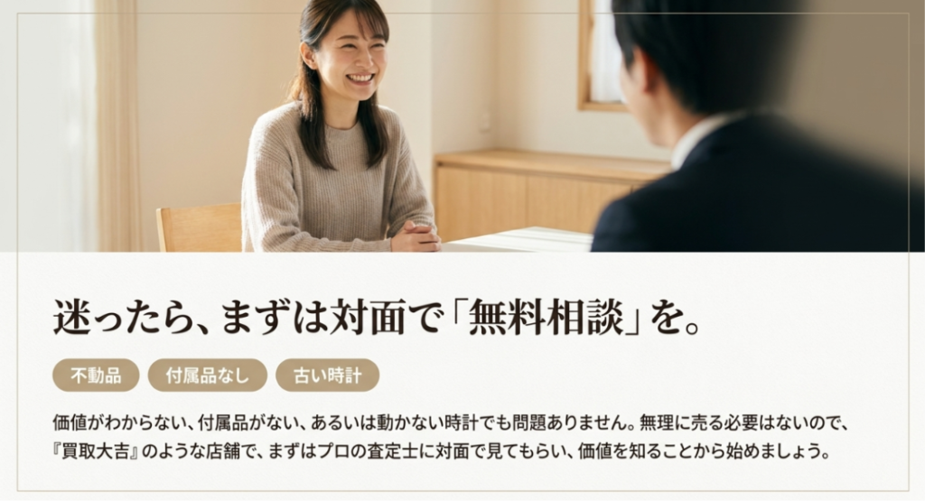 画像タイトル: 迷った腕時計は対面の無料査定で価値を確認
代替テキスト: 価値がわからない時計や付属品がない時計を対面査定で相談する女性のイメージ