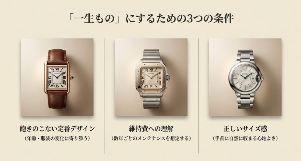 画像タイトル: 一生ものにするための3つの条件
代替テキスト: 飽きのこない定番デザイン、維持費への理解、正しいサイズ感が一生ものの時計選びに重要であることを示したスライド