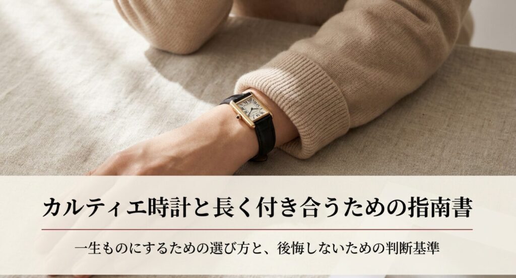 画像タイトル: カルティエ時計と長く付き合うための指南書
代替テキスト: カルティエの時計を一生ものとして選ぶための考え方と、後悔しない判断基準を示した導入スライド