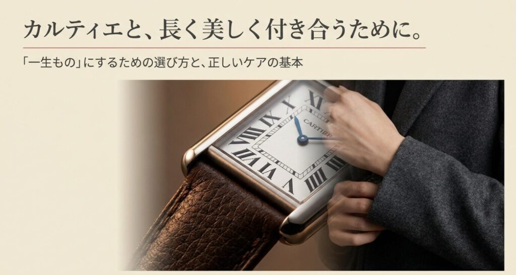 画像タイトル: カルティエと長く美しく付き合うために
代替テキスト: カルティエの時計を一生ものにするための選び方と正しいケアの基本を伝える導入スライド