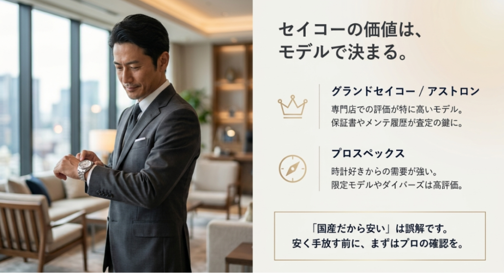 画像タイトル: セイコーの腕時計はモデルごとに価値が変わる
代替テキスト: セイコーの腕時計はシリーズや付属品やメンテナンス履歴によって査定評価が変わることを示す画像
