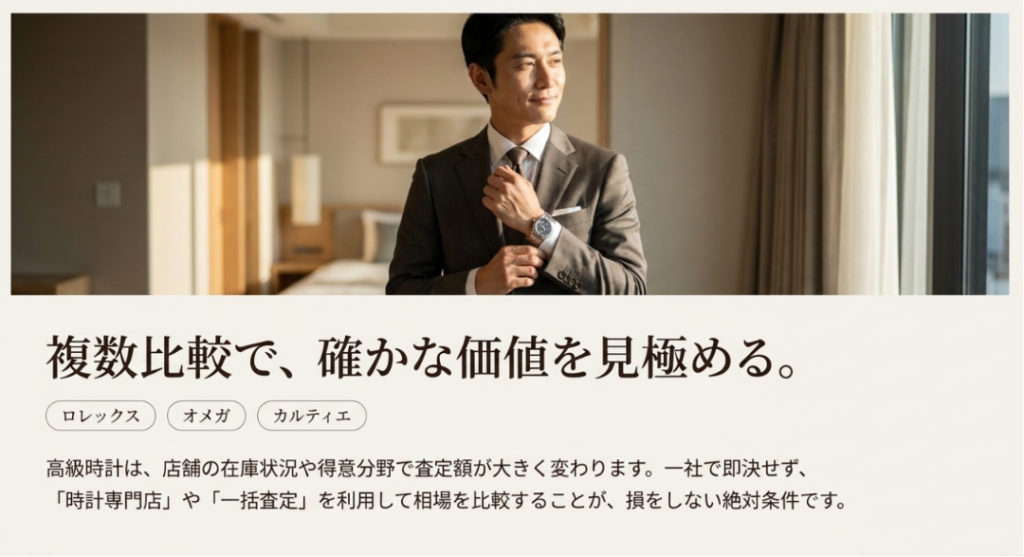 画像タイトル: 高級腕時計は複数査定で価値を見極める
代替テキスト: 高級腕時計を売るときは一社だけで決めず複数査定で価値を比較することを示す画像