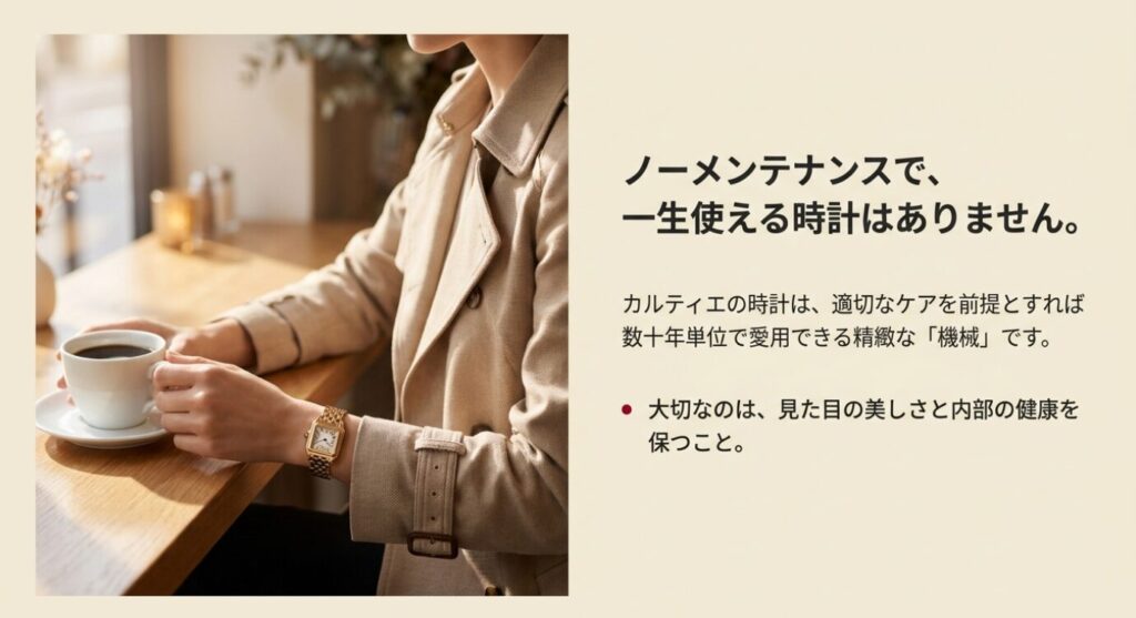 画像タイトル: ノーメンテナンスで一生使える時計はない
代替テキスト: カルティエの時計は適切なケアを前提に数十年単位で愛用できる精密機械であることを説明したスライド