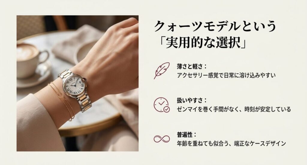 画像タイトル: カルティエのクォーツモデルは実用的な選択
代替テキスト: カルティエのクォーツモデルが薄さや軽さ、扱いやすさ、年齢を重ねても似合う普遍性に優れることを示したスライド