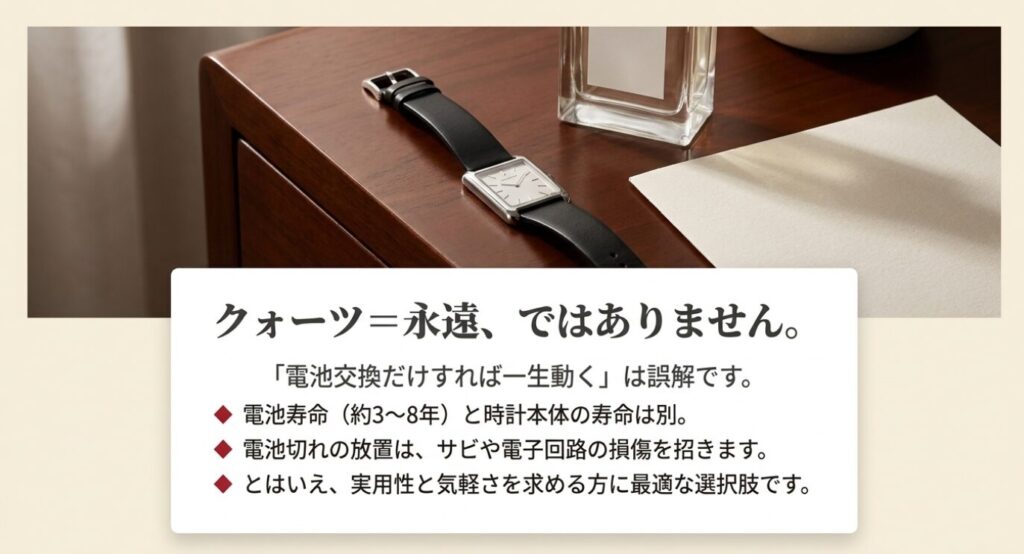画像タイトル: クォーツは永遠ではなく実用的な選択
代替テキスト: クォーツ時計は電池交換だけで一生動くわけではないが、実用性と気軽さを求める人に向いた選択肢であることを示したスライド