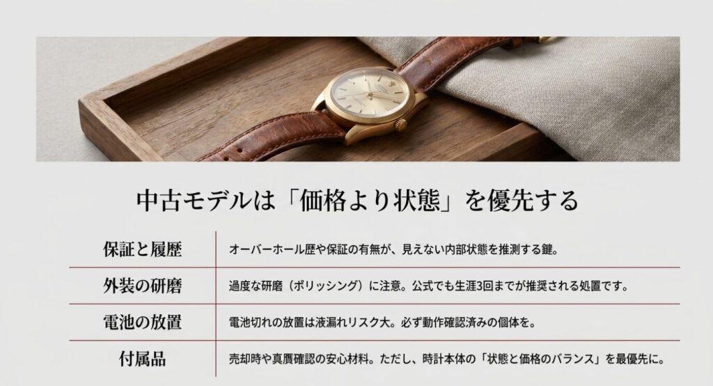 画像タイトル: 中古カルティエ時計は価格より状態を優先
代替テキスト: 中古カルティエ時計を選ぶ際に保証や修理履歴、外装の研磨、電池切れ放置、付属品より本体状態を重視すべきことを示したスライド
